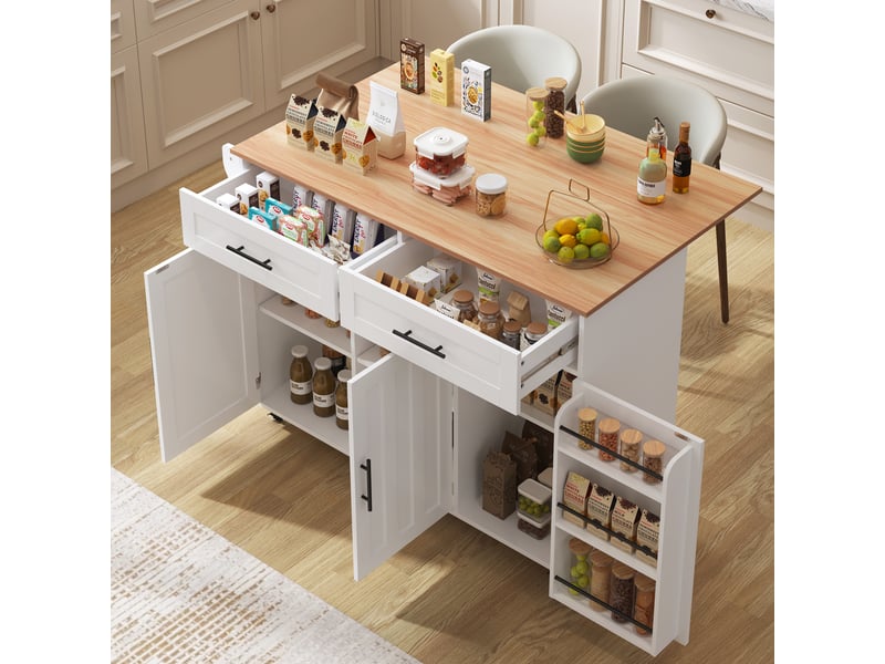  Desserte de cuisine,129x46x91,5 cm,2 tiroirs et plateau rabattable,mdf,blanche  - Conforama B