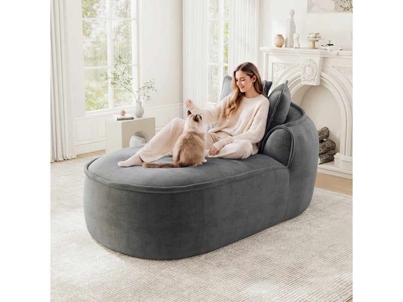  Canapé méridienne droit 2 places en chenille gris avec coussins, assise profonde 122 cm et accoudoirs larges  - Conforama W