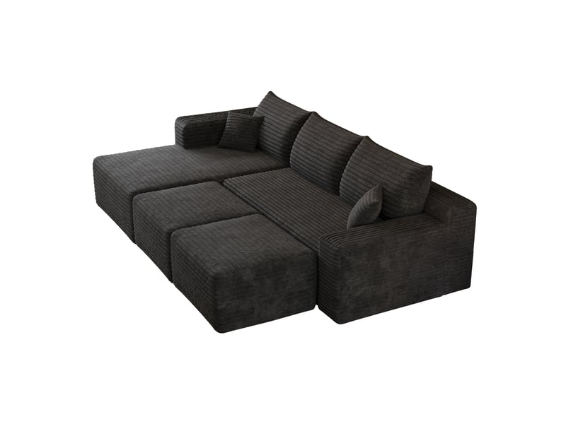  Canapé d’angle modulable 5 places en velours côtelé 241x151 cm, canapé nuage en l à assise profonde avec méridienne, sans montage, noir  - Conforama D