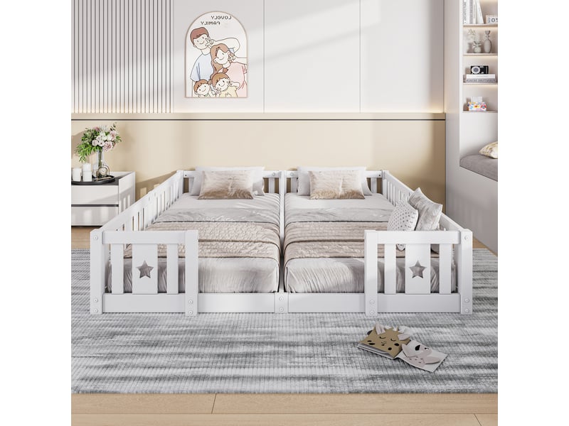 Lit au sol enfant 2x90x200 cm - lit montessori avec sommier à lattes + barrière de sécurité - lit double 2 places - pin massif blanc - Conforama W