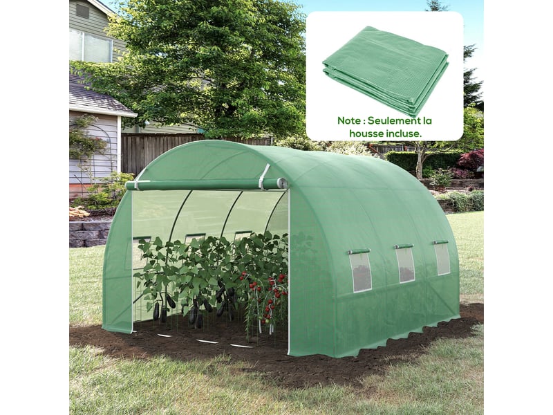  Bâche de rechange serre tunnel 9 m², bâche 3 x 3 x 2 m pe anti-uv imperméable 6 fenêtres + porte enroulable zippée vert foncé  - Conforama D