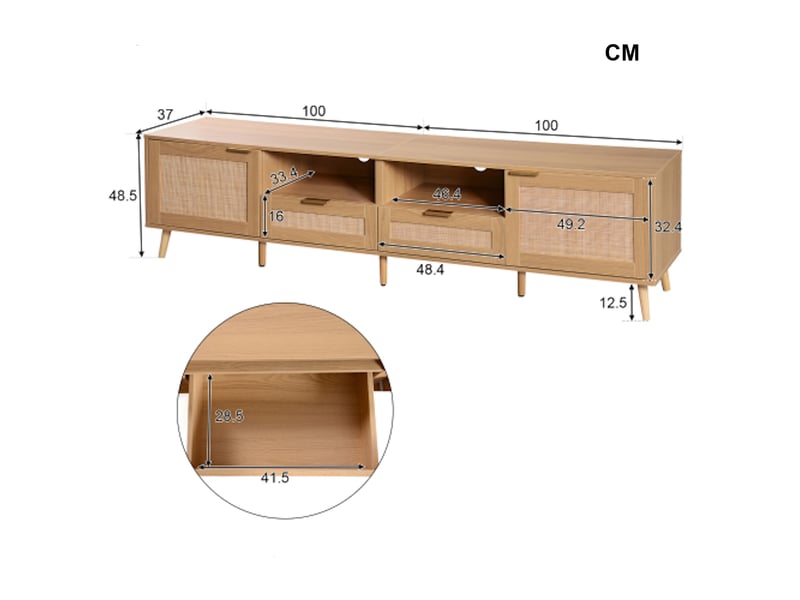 Meuble tv bois avec design en rotin véritable et pieds en bois massif, beaucoup d'espace de rangement  - Conforama R