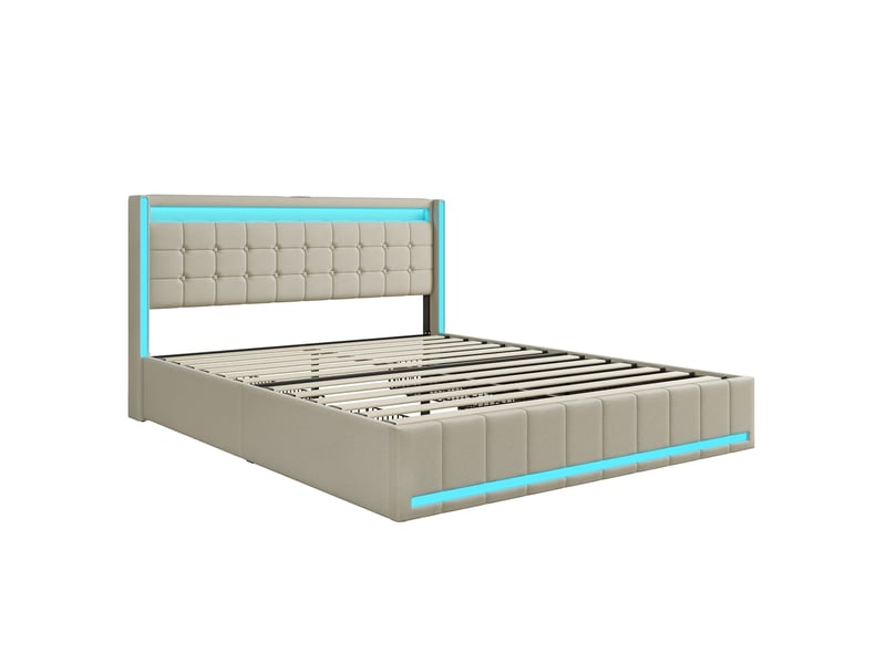  Lit 140 x 190 avec sommier,lit double 140 x 190, 4 tiroirs de rangement, bandeau led port usb, revêtement tissu lin, beige  - Conforama A
