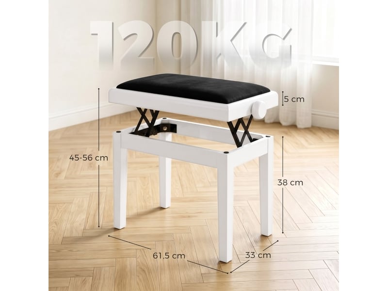 Tabouret de piano à hauteur réglable 61,5x33 cm – blanc et noir – assise rembourrée effet velours confortable - Conforama C