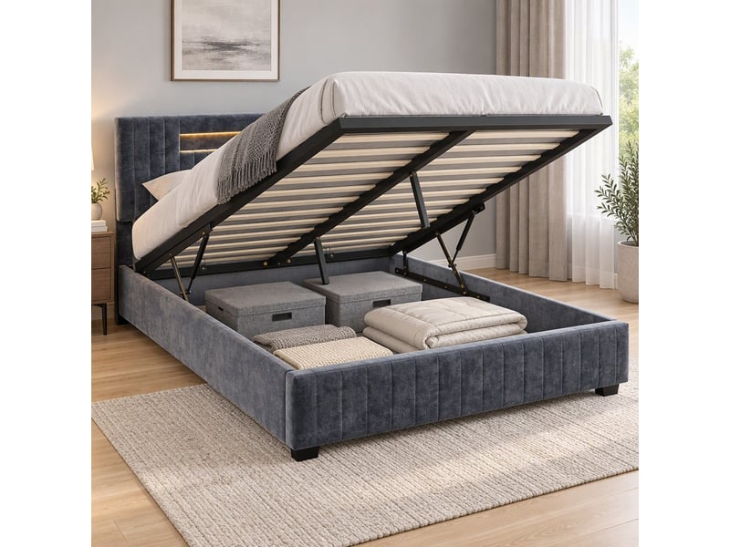 Lit coffre 2 places 140x200 cm, lit adulte avec rangement, tête de lit avec led, design européen, velours gris - Conforama B