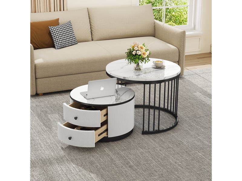  Table basse gigogne effet marbre blanc brillant lot de 2 tables rondes avec tiroirs  - Conforama C