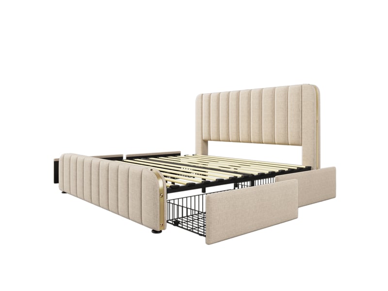  Lit adulte,180x200 cm,4 tiroirs et usb type-c,lin,beige  - Conforama D