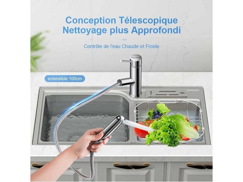  Mitigeur lavabo extractible – poignée unique, trou unique, chaudfroid, finition argent. Idéal pour salle de bain.  - Conforama B