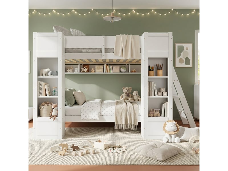  Lit superposé enfant 90x200 cm blanc bois massif et mdf avec rangements deux placards frontaux étagère suspendue échelle réversible et protection anti chute Sol Morn - Conforama B