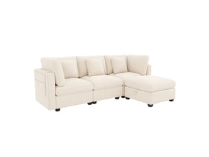 Canapé d'angle panoramique fixe <strong></strong> <strong></strong> 4 places Tissu beige avec coffre de rangement