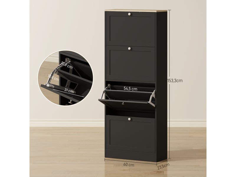  Meuble à chaussures 24 paires, armoire à chaussures avec 4 tiroirs rabattables, étagères réglables, 60x23,5x153cm, noir  - Conforama D