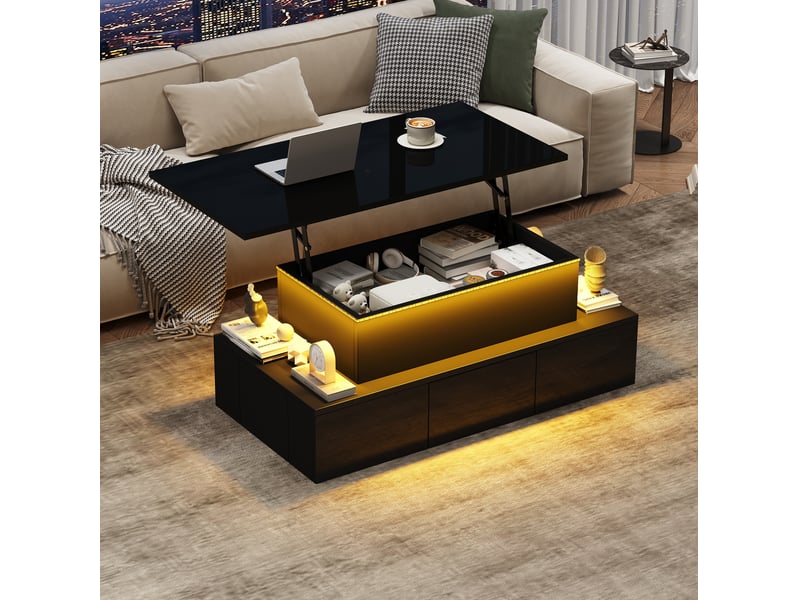 Table basse relevable 100x50x40 cm avec led et 4 tiroirs en mdf noir - Conforama C