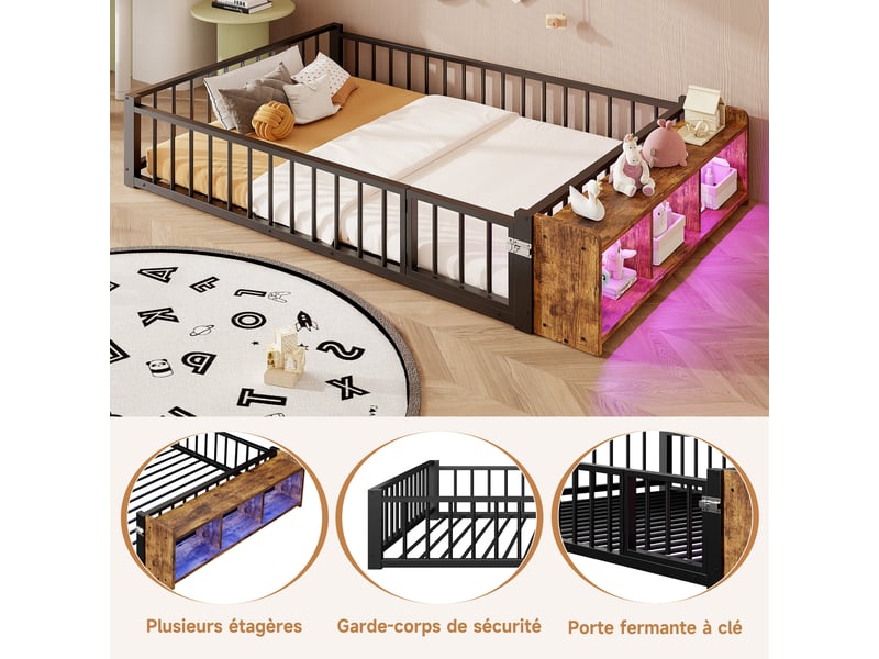  Lit en métal 140x200 noir avec rangement et led, cadre de lit 140x200 sans matelas, lit enfant avec barrière de sécurité.  - Conforama E