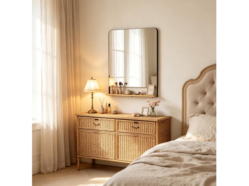  Miroir mural rectangulaire 80 x 60 cm noir avec cadre en métal et tablette de rangement pour l'entrée  - Conforama E