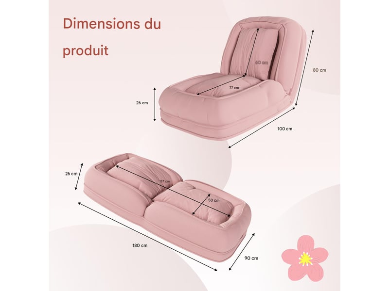  Chauffeuse convertible 5 positions en velours côtelé rose avec 2 coussins W1198P488084 - Conforama C