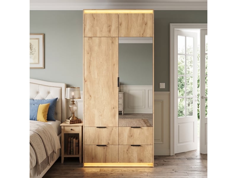  Armoire de chambre 2 portes avec miroir et led - 4 tiroirs, penderie - 90 x 47 x 200 cm  - Conforama E