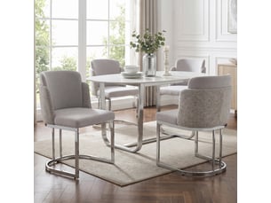 Chaise de salle à manger lot de 4 à dossier double  - pieds métal galvanisé, chenille gris clair et argent