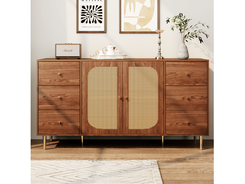  Buffet de rangement mdf 160 x 40 x 90 cm, 6 tiroirs, 2 portes en rotin, marron  - Conforama B