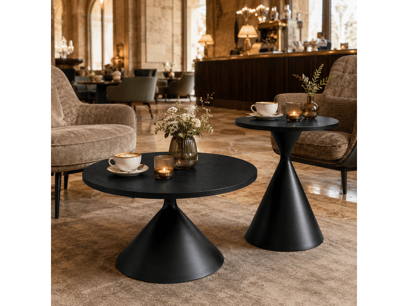  Lot de 2 tables basses rondes, finition noire effet bois, ø7050 cm, structure en acier carbone, design moderne.  - Conforama R
