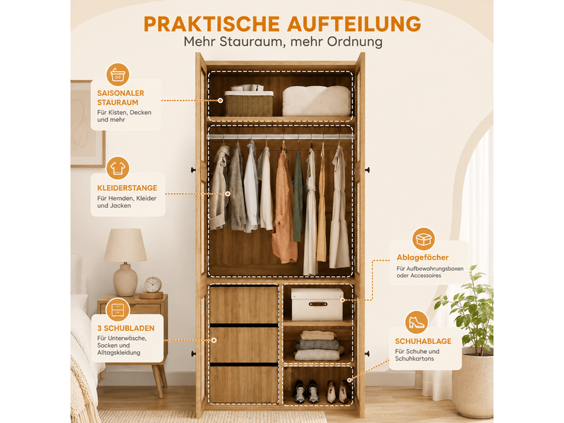 Armoire avec portes en rotin tressé 90 x 47 x 200 cm – 1 tringle, 3 tiroirs, 4 compartiments, mdf finition bois clair - Conforama E