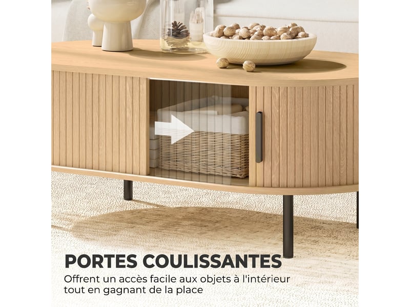  Table basse ovale en bois, table de salon moderne avec portes coulissantes et rangement caché, bois naturel, 100x55x40cm  - Conforama E