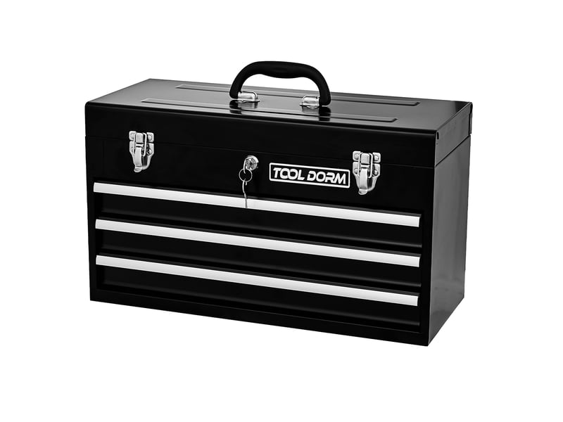  Boîte à outils portable 51,5 x 23,1 x 30 cm noire en acier, 3 tiroirs et rangement supérieur avec serrure  - Conforama A