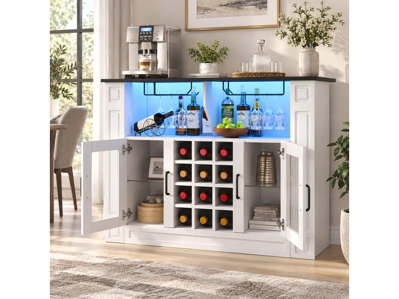  Meuble bar 120x35x84 cm buffet avec led rgb, porte-verres, 3 tiroirs, casier à bouteilles amovible et portes vitrées, blanc  - Conforama D