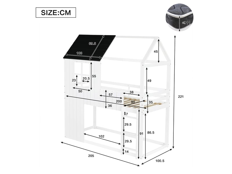  Lit mezzanine enfant 90x200 cm, lit cabane avec fenêtres, escalier 3 marches, barrières de sécurité, pin et mdf - blanc et noir  - Conforama C