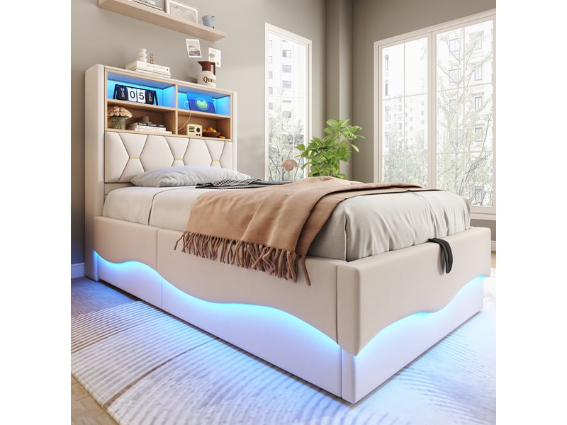  Lit coffre rembourré 90 x 200 cm, coffre à relevage hydraulique, éclairage led, commande par application, ports usb, tissu effet lin, beige ABC - Conforama E