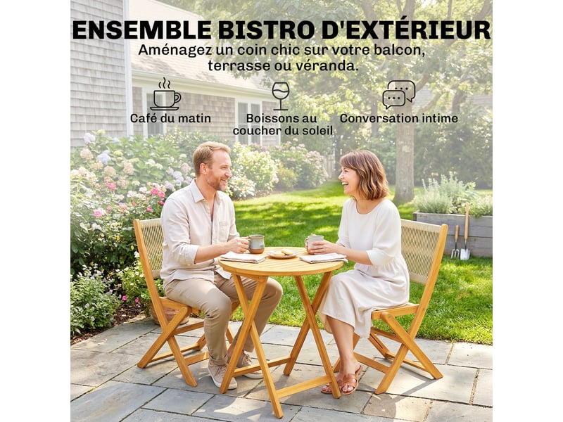  Salon de jardin 3 pièces table ronde et 2 chaises pliables bois d'acacia cordage pp  - Conforama D