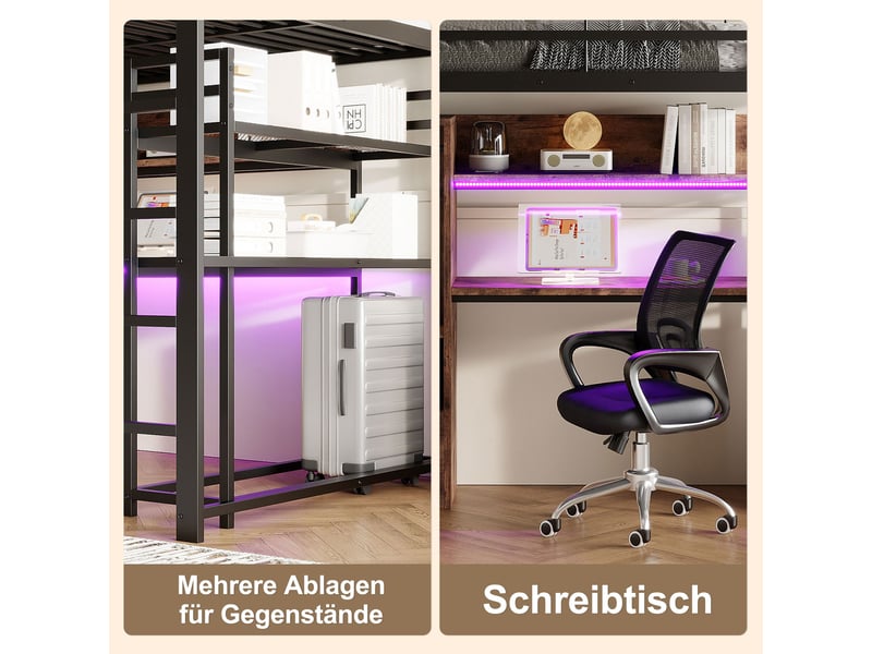  Lit mezzanine noir 140x200cm avec escalier rangement, bureau, 1 tiroir, structure robuste, gain de place - fer - pour enfant ado  - Conforama D