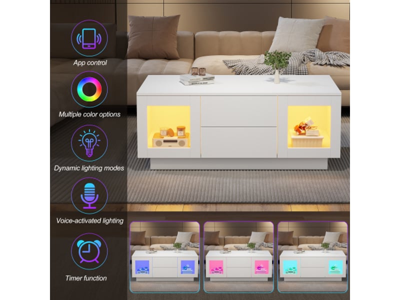  Table basse blanche finition brillante (100 × 50 × 40 cm) équipée d'un éclairage led contrôlable via une application mobile ; table de salon avec rangement, idéale pour le séjour, le bureau ou l'espace de travail.  - Conforama E