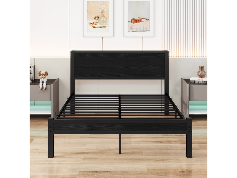  Lit double rembourré 140x200 cm avec tête de lit rangement, cadre de lit adulte avec sommier à lattes métalliques, noir, lit double  - Conforama W