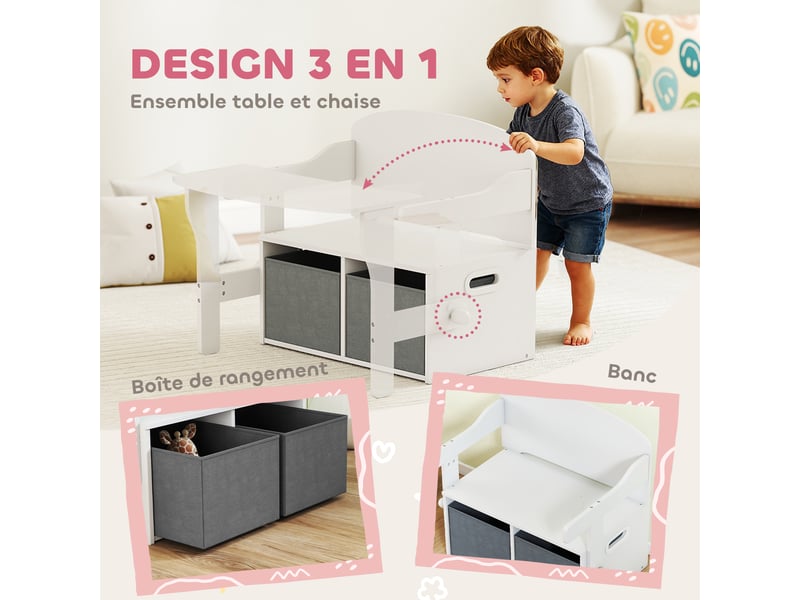  Coffre à jouet enfant 3 en 1, ensemble table et chaises avec 2 bacs en tissu amovibles, blanc, 67,5 x 46,5 x 56,7 cm  - Conforama A