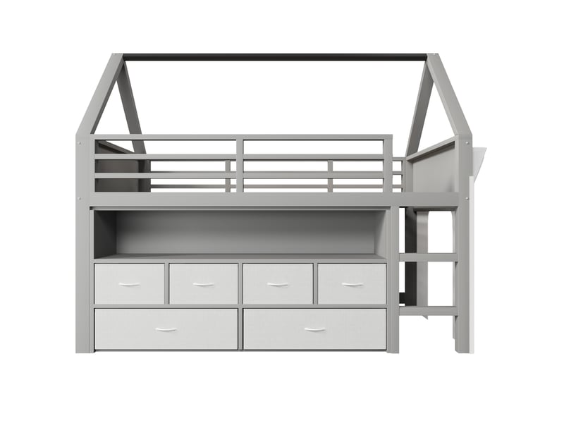 Lit mezzanine enfant 90x200 cm avec led, 6 tiroirs en tissu et rideau gris, sans matelas - Conforama R