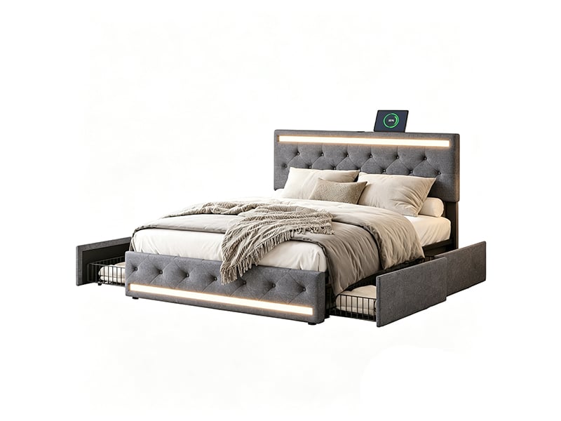  Lit rembourré 180 x 200 cm avec rangement, lit double avec éclairage led et port usb, lit pour adolescent avec 4 tiroirs, sommier avec tête de lit rembourrée et lattes, lin, gris 231115TT0603#ADaslHWRNhDELLM - Conforama A