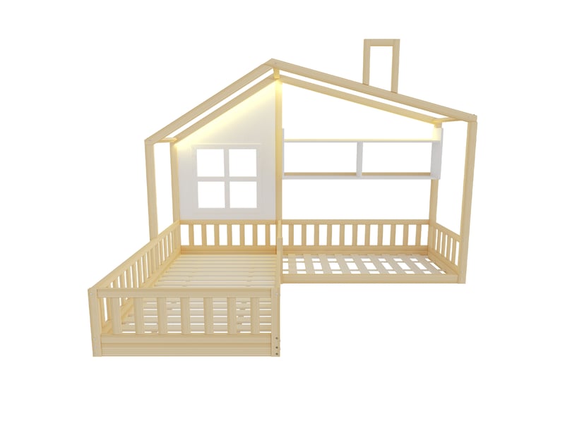  Lit enfant cabane avec fenêtre, bois naturel, 90 x 200 cm, étagères, led et garde-corps  - Conforama A
