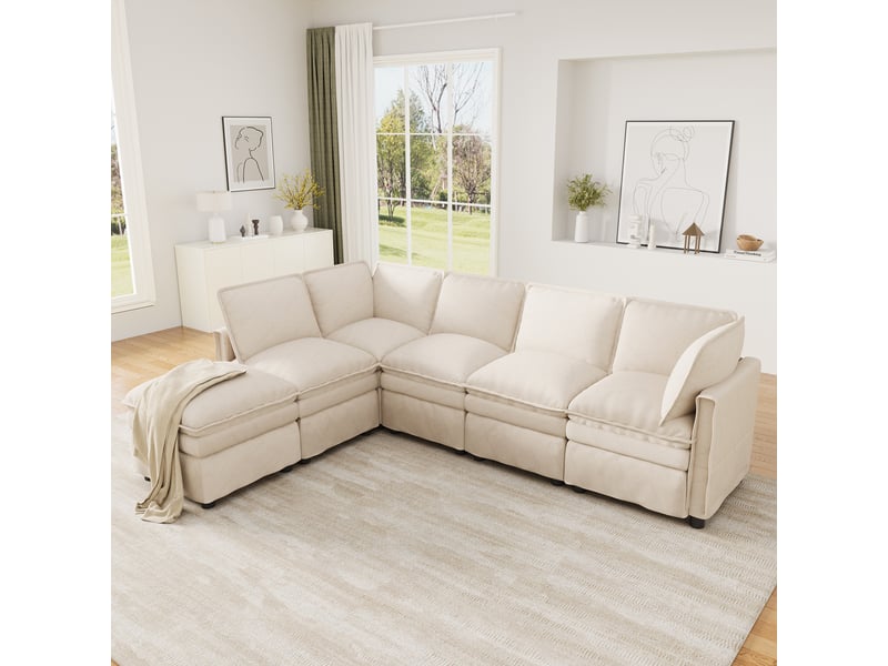  Canapé d’angle modulable convertible 6 places 344 x 127 x 91 cm, forme u ou l, pouf mobile, double coussinage, chenille - beige  - Conforama C