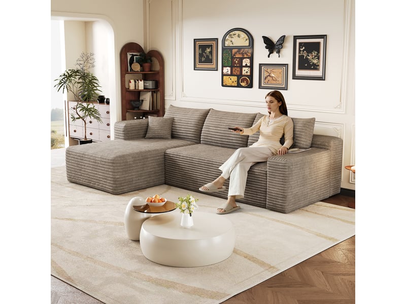  Canapé d’angle 3 places en velours côtelé camel, canapé panoramique 241 cm avec méridienne, assise profonde pour le salon  - Conforama D