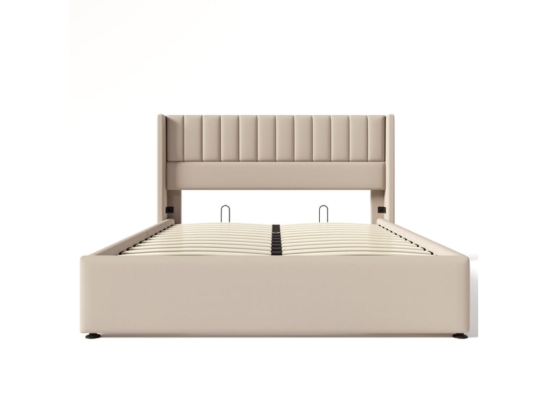  Lit coffre tcqpz 160 x 200 cm hydrauliques avec sommier beige en lin  - Conforama A