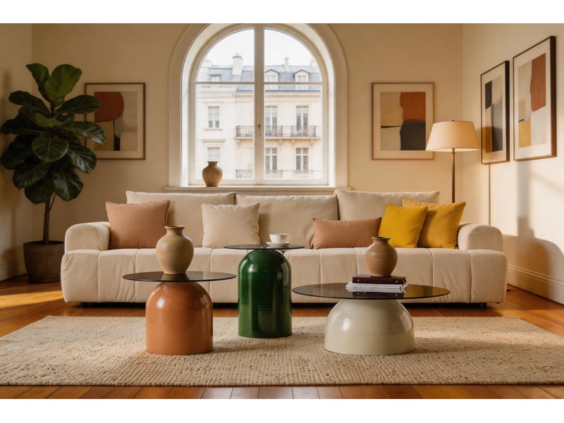  Lot de 3 tables basses 3 couleurs en verre trempé et acier carboné, piétement demi-sphère  - Conforama E