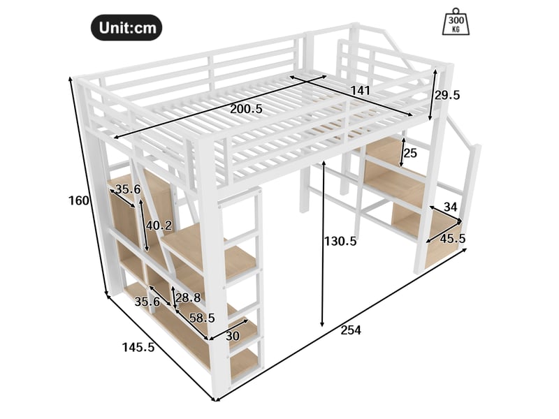  Lit mezzanine 140x200 cm avec étagères, escalier de rangement et led blanc  - Conforama C