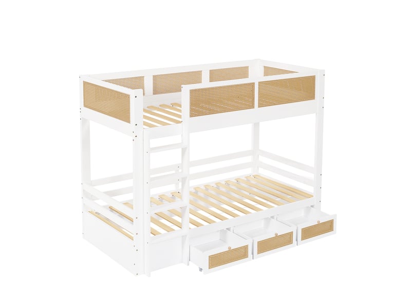 Lit superposé enfant 90x200 cm – blanc et naturel – 3 tiroirs roulants, échelle 4 marches - sans matelas - Conforama D