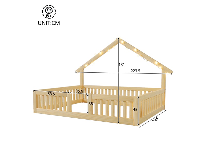  Lit cabane enfant 140x200 avec barrières de sécurité et led homvra  - Conforama E