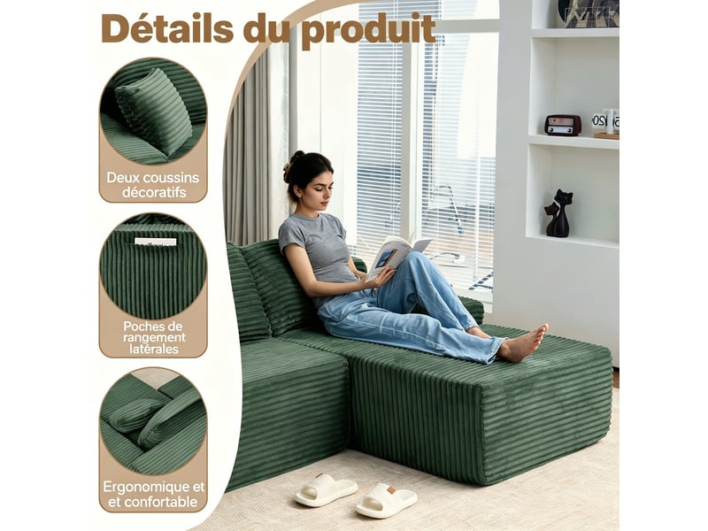  Canapé d’angle, velours côtelé modulable, mousse, droite, salonchambre, 79x239x156 cm, vert  - Conforama E