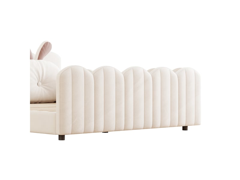 Lit enfant rembourré 140x200 cm avec barrières de sécurité, tête de lit avec coussin lapin, structure en pin et mdf, beige  - Conforama D