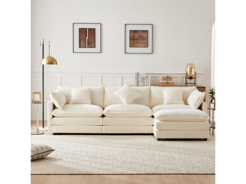  Canapé d’angle modulable en l 3 places avec méridienne, tissu chenille, assise double couche, coussins, pour salon - beige  - Conforama C