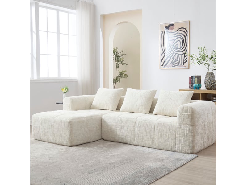  Canapé d'angle modulable modenvie 3 places en chenille beige 250 x 158 x 60 cm  - Conforama D