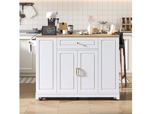 Îlot de cuisine mobile bicolore 131,8 cm avec roulettes, plan extensible, prises usb et rangement
