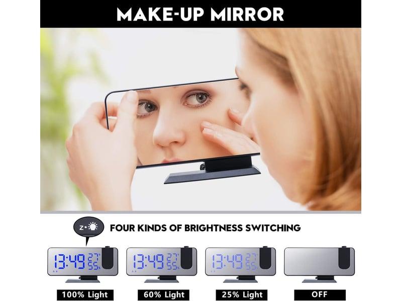 Radio-réveil à projection radio-réveil numérique 4 gradateurs et rotatif à 180 ° et 2 sons 7.4 '' grand écran miroir noir-bleu  - Conforama C